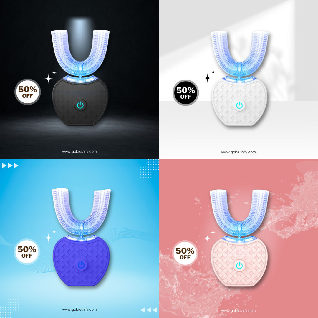 GoBrushify 360 automatic toothbrush with blue light technology glowing on sink